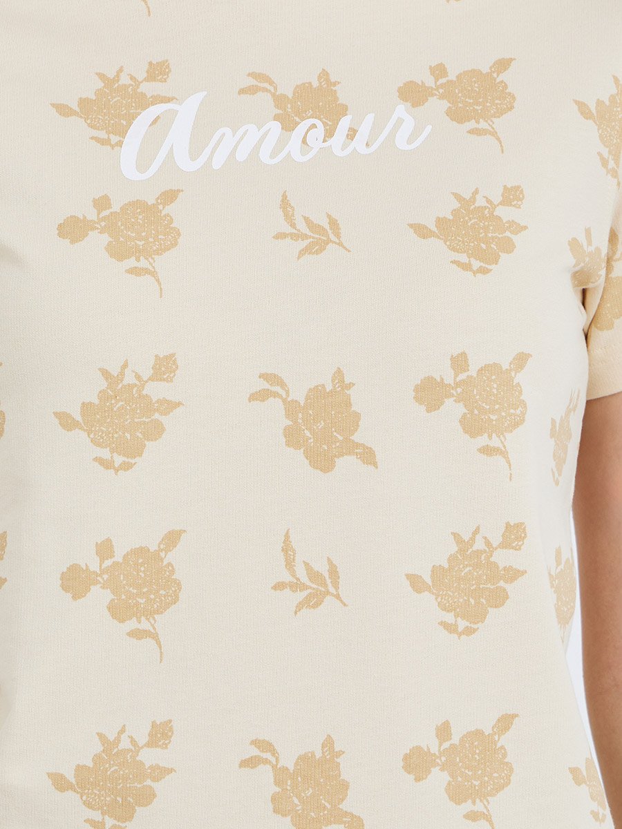 Women Beige Floral Graphic 100% Cotton T-Shirt