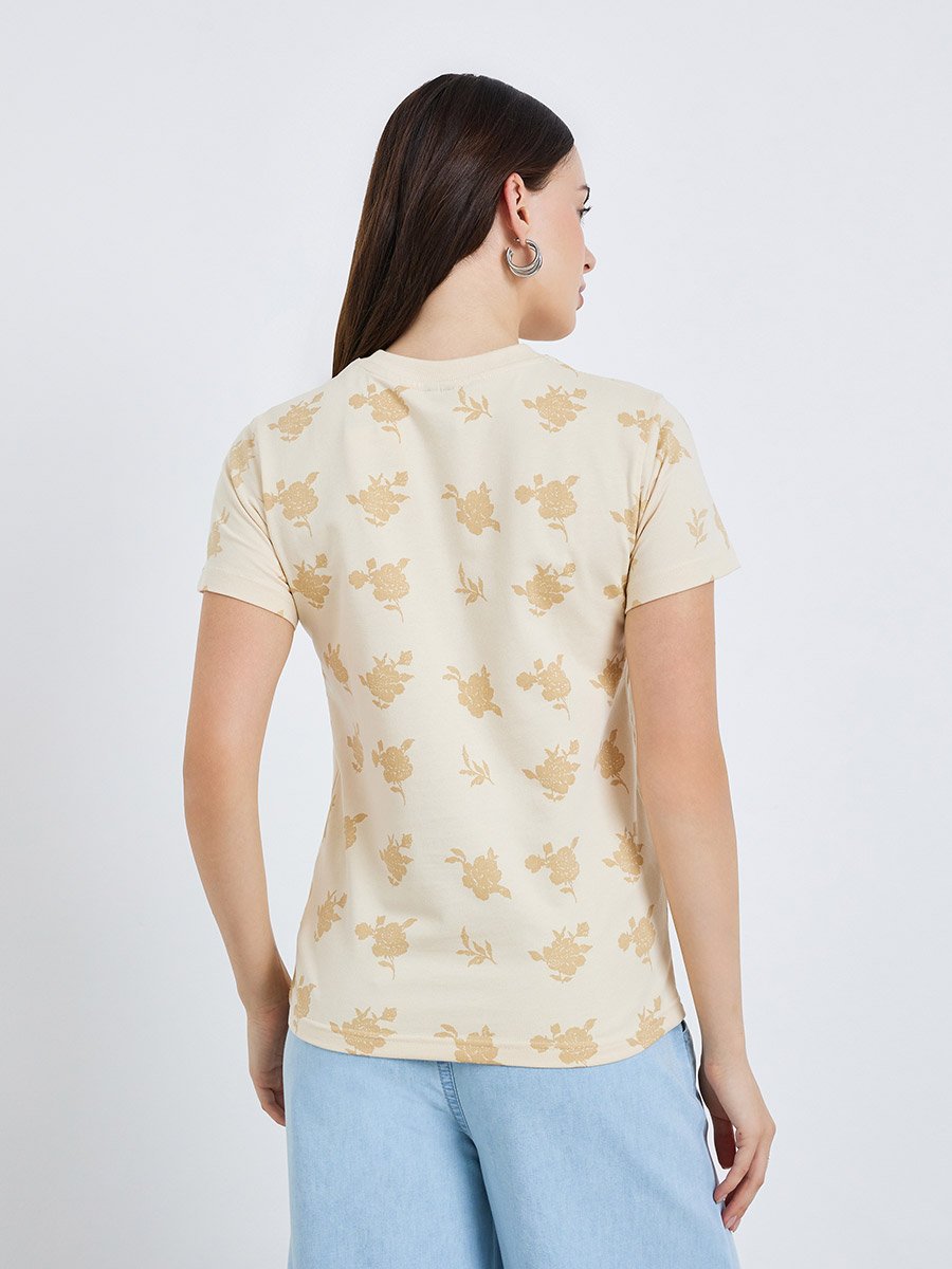 Women Beige Floral Graphic 100% Cotton T-Shirt