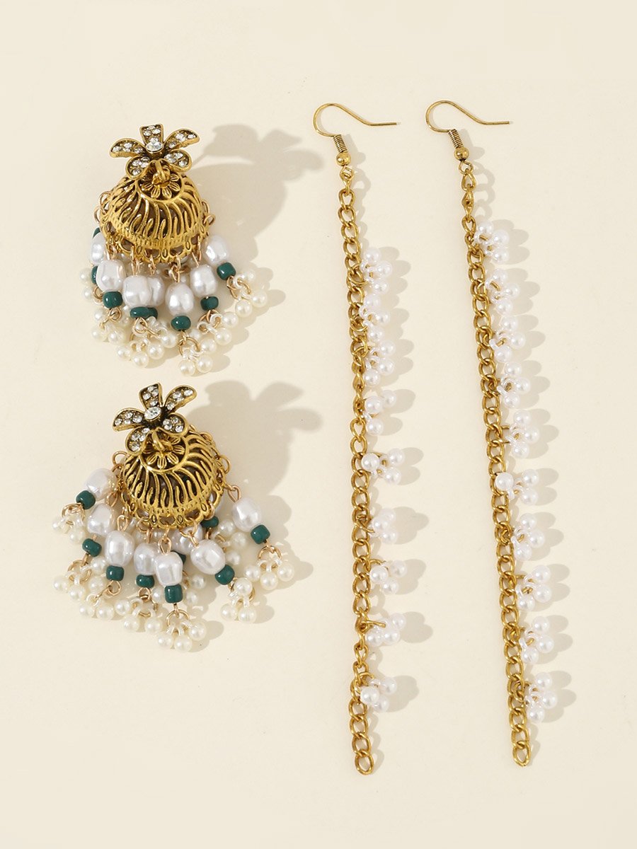 Embellished Bell Faux Pearl Hair Chain Jhumka Earrings