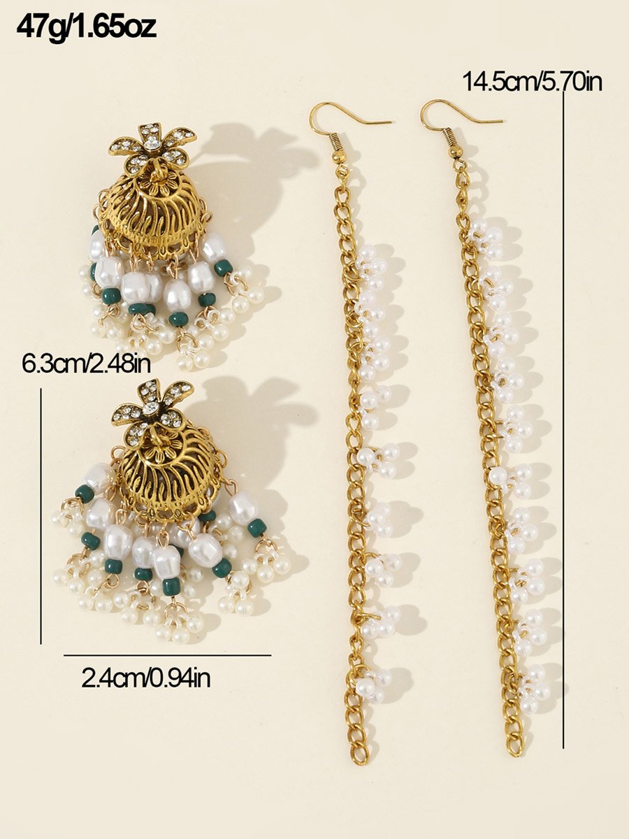 Embellished Bell Faux Pearl Hair Chain Jhumka Earrings