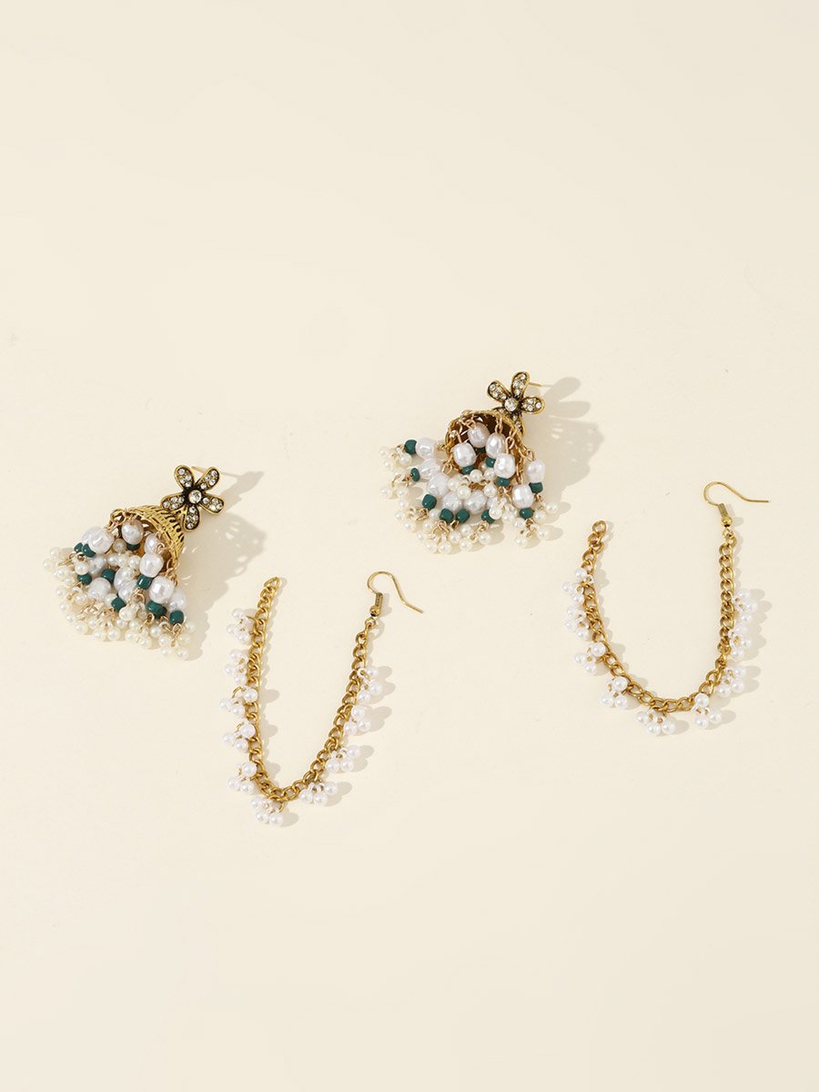 Embellished Bell Faux Pearl Hair Chain Jhumka Earrings