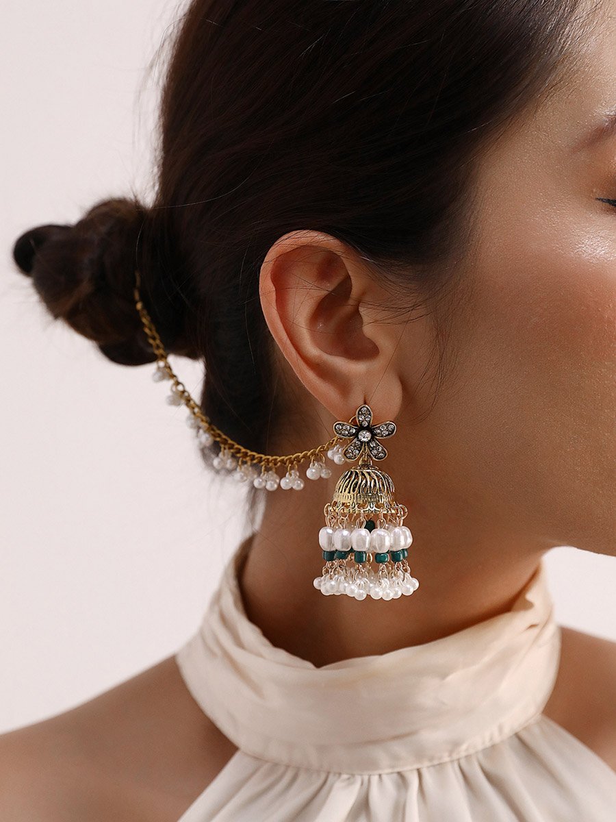 Embellished Bell Faux Pearl Hair Chain Jhumka Earrings