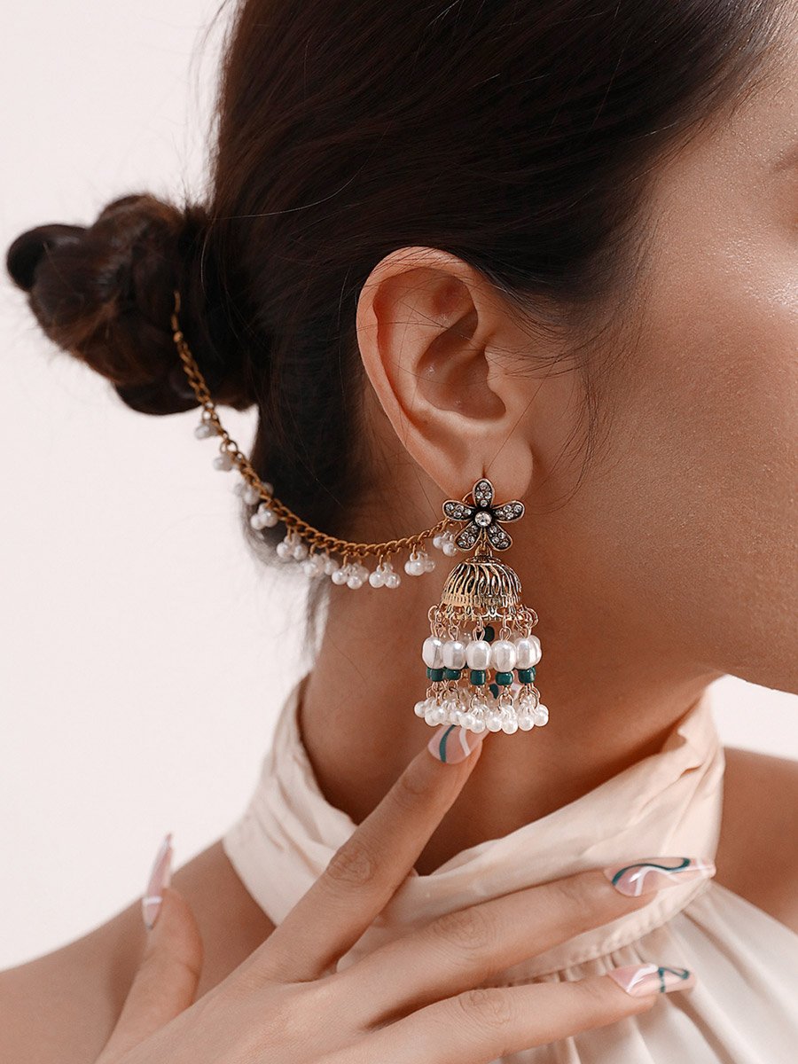 Embellished Bell Faux Pearl Hair Chain Jhumka Earrings