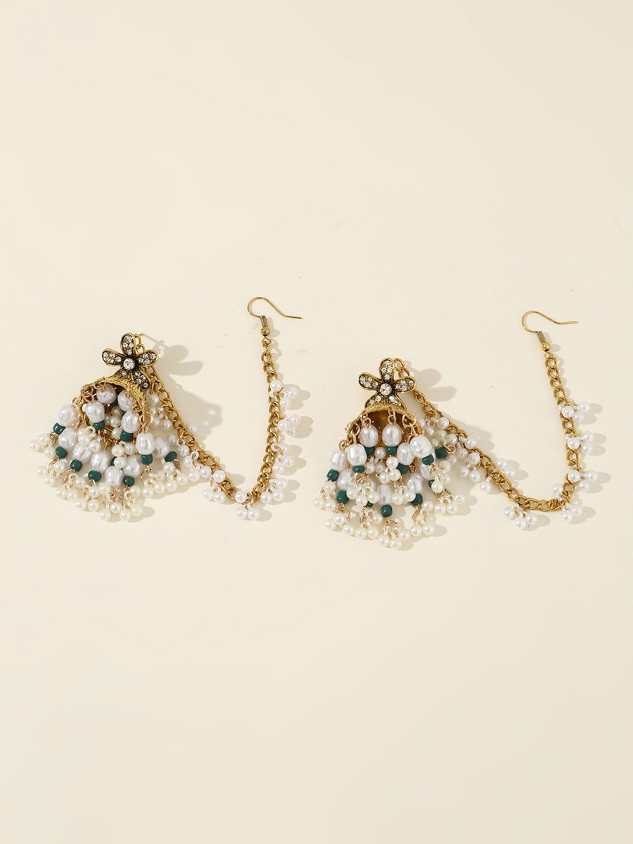 Embellished Bell Faux Pearl Hair Chain Jhumka Earrings
