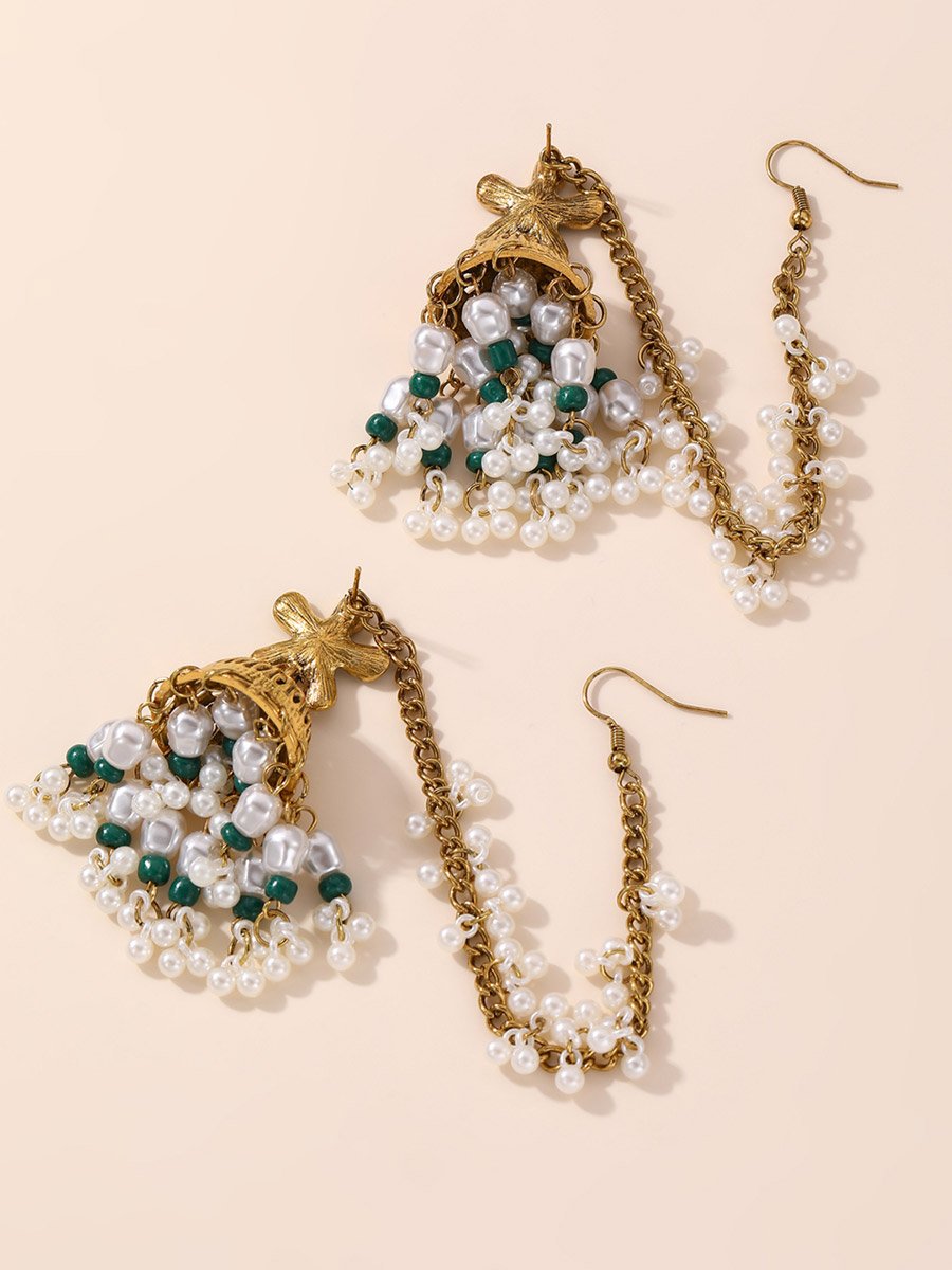 Embellished Bell Faux Pearl Hair Chain Jhumka Earrings