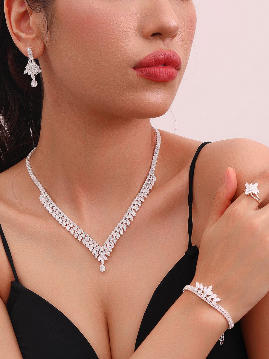 Embellished Necklace, Bracelet, Ring and Earrings Jewelry Set