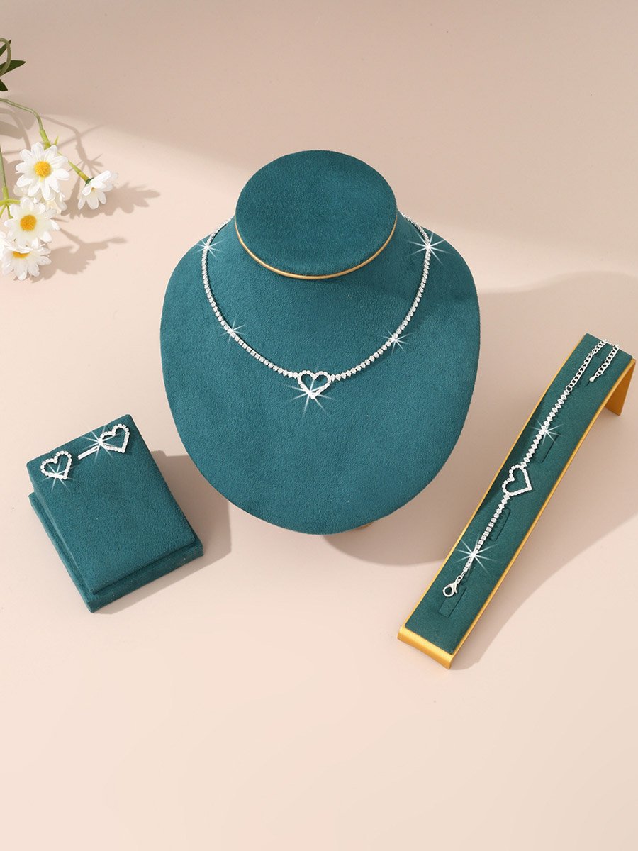 Embellished Heart Decor Necklace, Bracelet and Earrings Jewelry Set