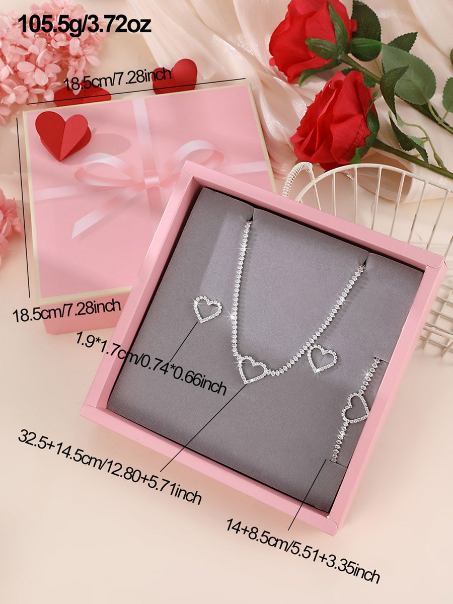 Embellished Heart Decor Necklace, Bracelet and Earrings Jewelry Set