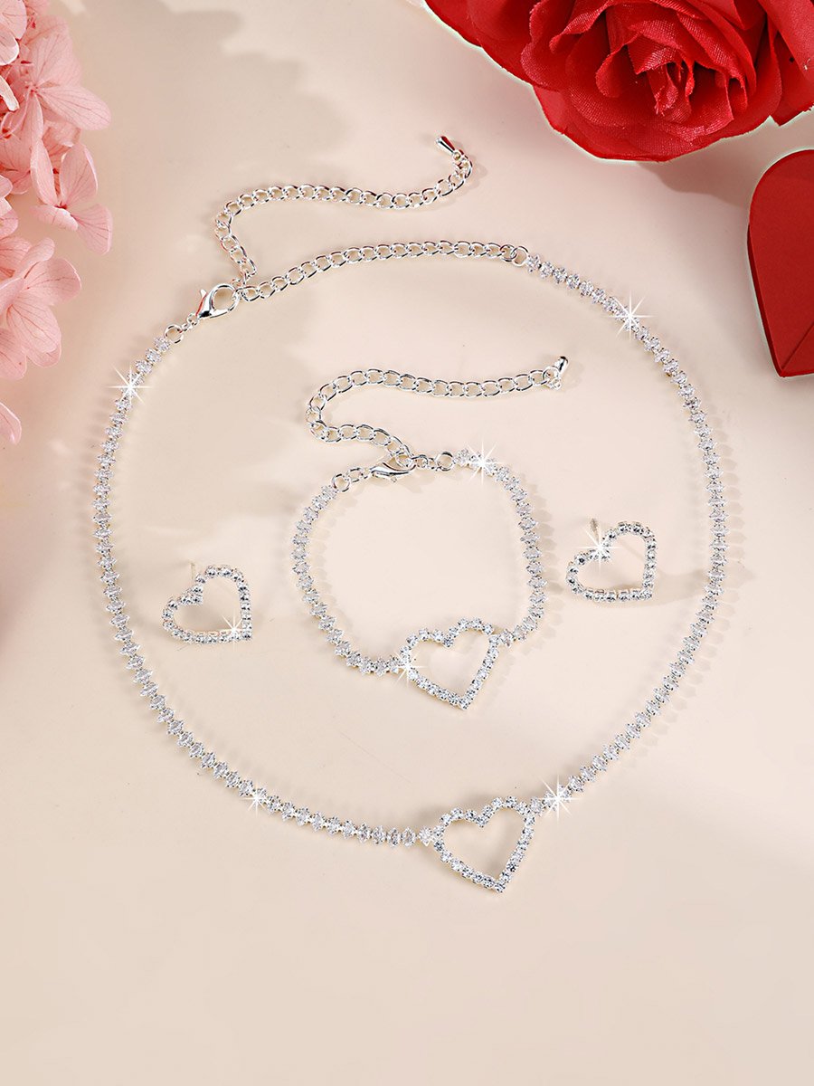 Embellished Heart Decor Necklace, Bracelet and Earrings Jewelry Set
