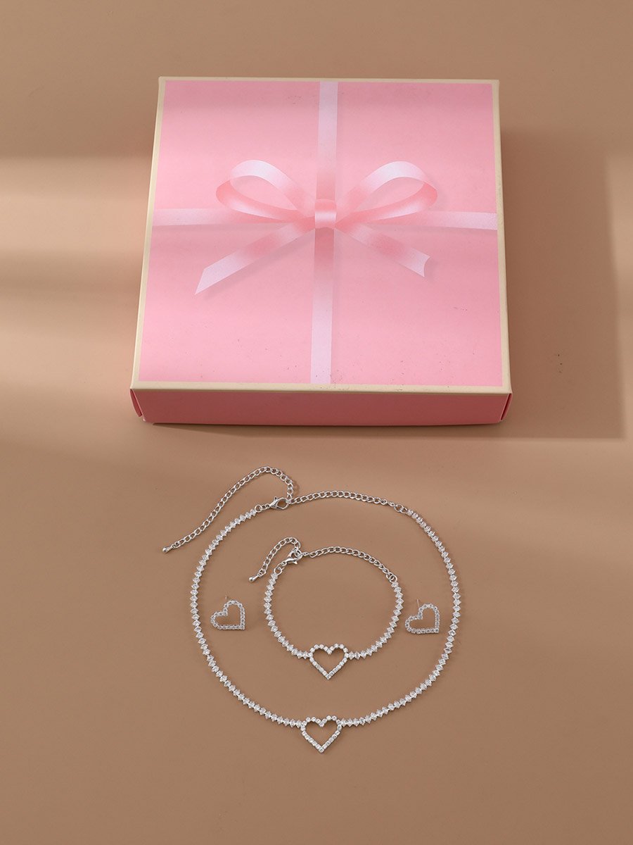 Embellished Heart Decor Necklace, Bracelet and Earrings Jewelry Set