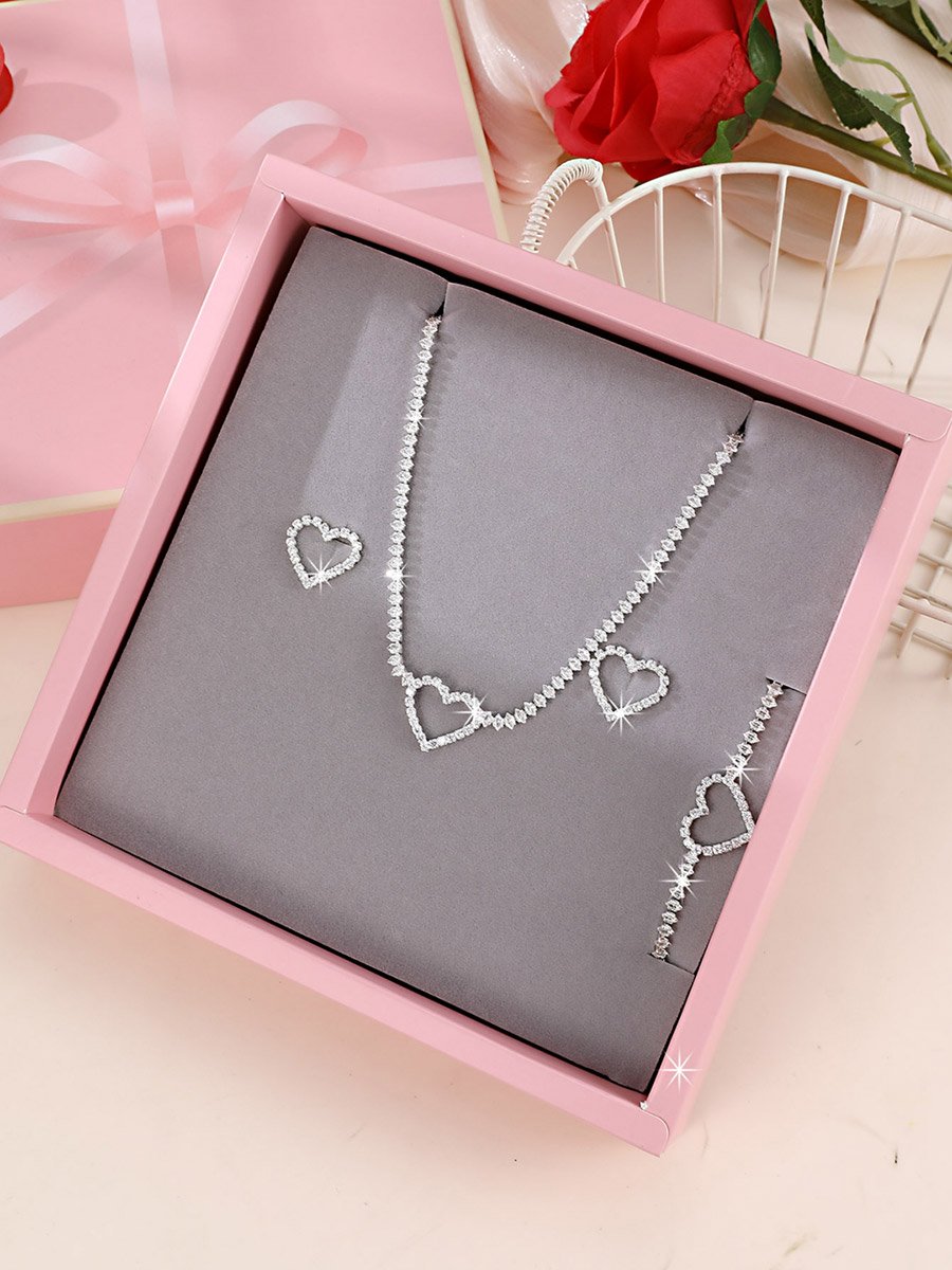 Embellished Heart Decor Necklace, Bracelet and Earrings Jewelry Set