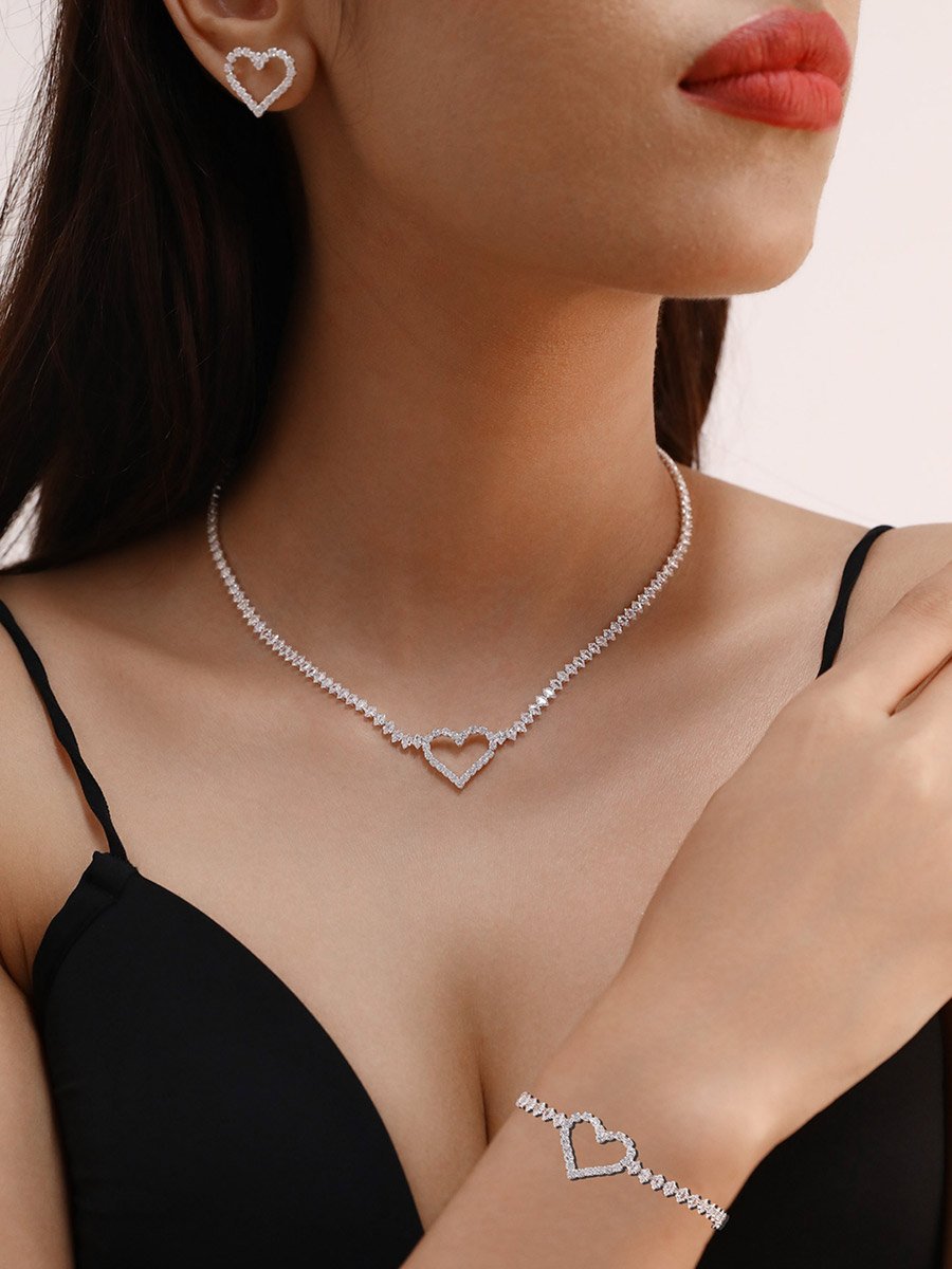 Embellished Heart Decor Necklace, Bracelet and Earrings Jewelry Set