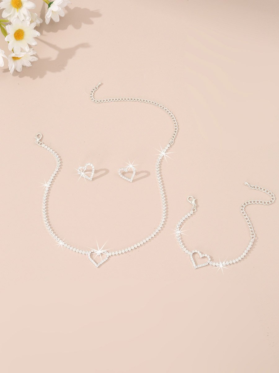 Embellished Heart Decor Necklace, Bracelet and Earrings Jewelry Set