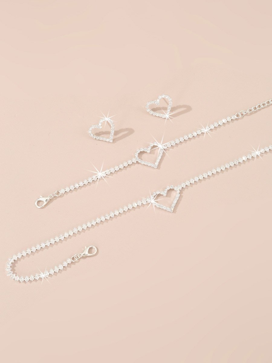Embellished Heart Decor Necklace, Bracelet and Earrings Jewelry Set