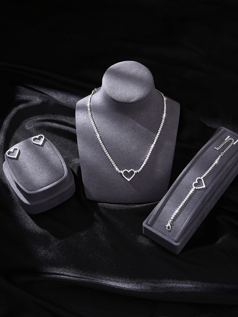 Embellished Heart Decor Necklace, Bracelet and Earrings Jewelry Set