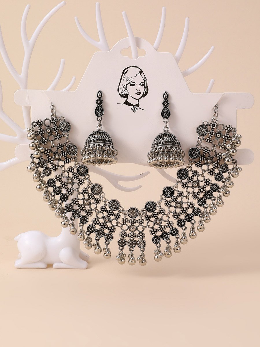 Texture Bell Shape Tassel Earrings and Necklace Jewelry Set
