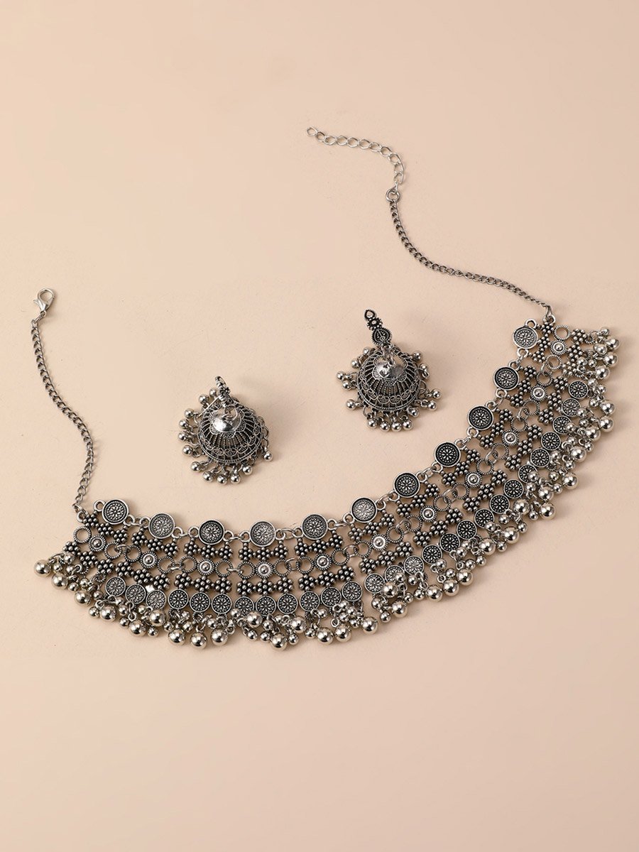 Texture Bell Shape Tassel Earrings and Necklace Jewelry Set