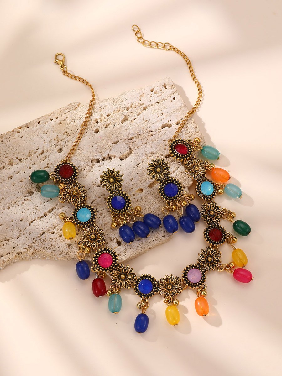 Multi Faux Crystal Beaded Necklace and Earrings Jewelry Set