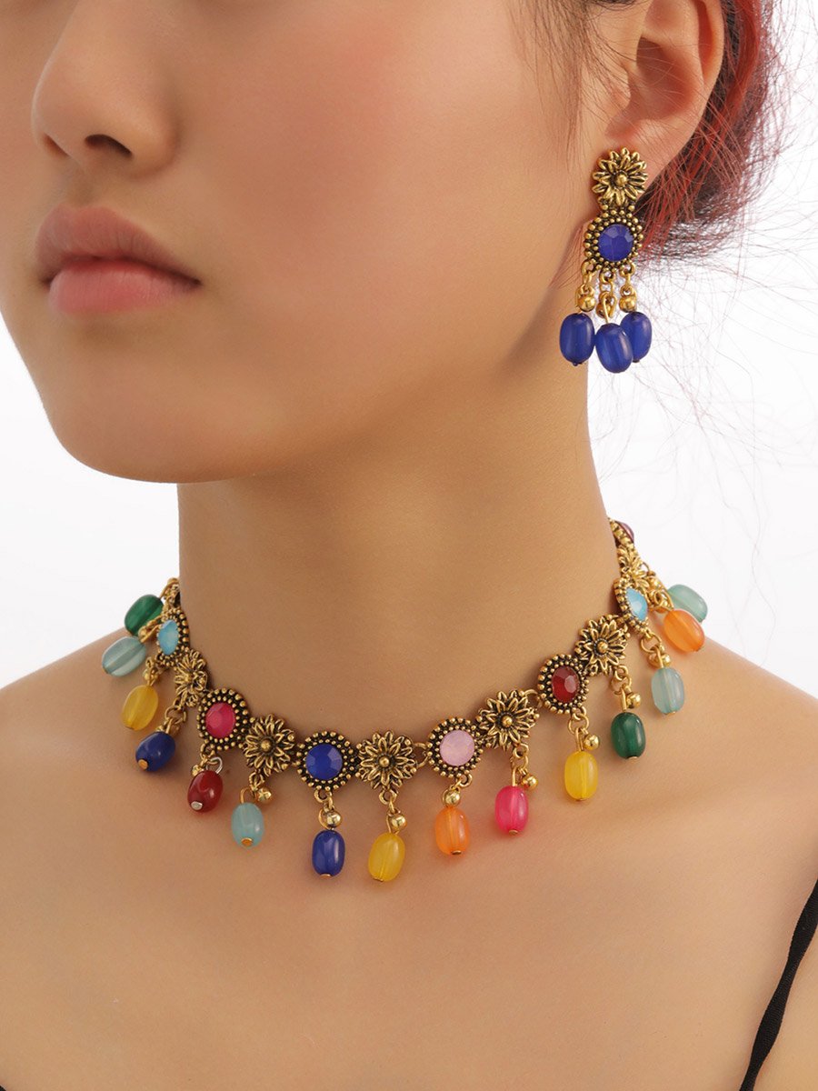 Multi Faux Crystal Beaded Necklace and Earrings Jewelry Set
