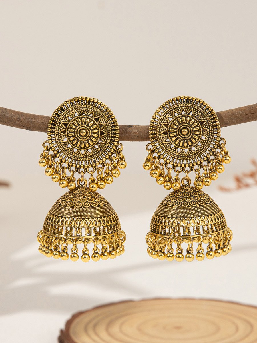 Gold Tone Texture Bell Shape Jhumka Earrings