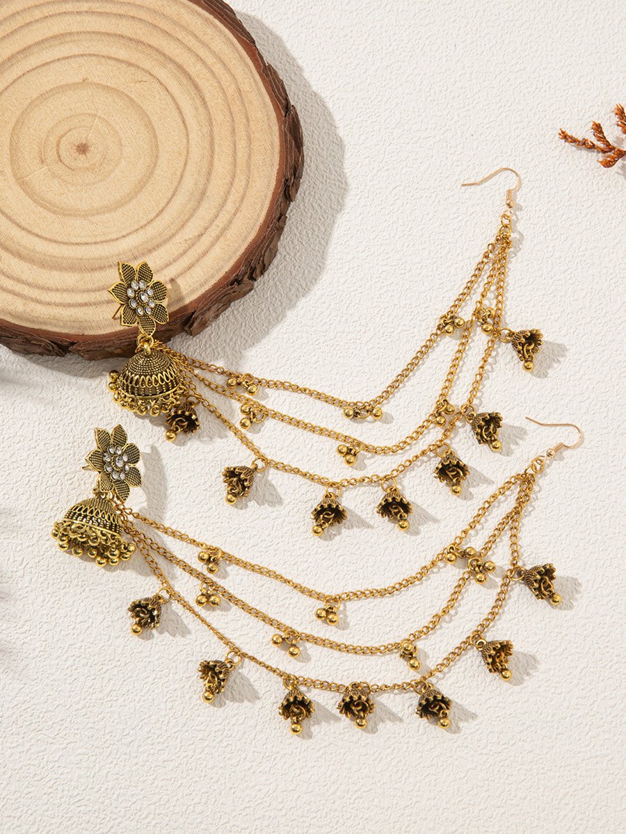 Flower Bell Shape Jhumka Link Earrings with Chain