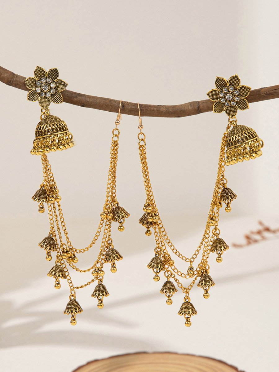 Flower Bell Shape Jhumka Link Earrings with Chain