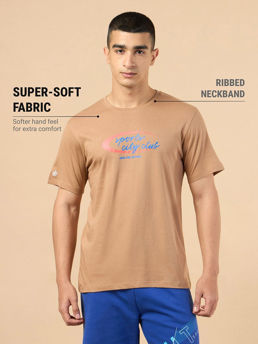 Men Brown Sports City Club Graphic Print Short Sleeve T-Shirt