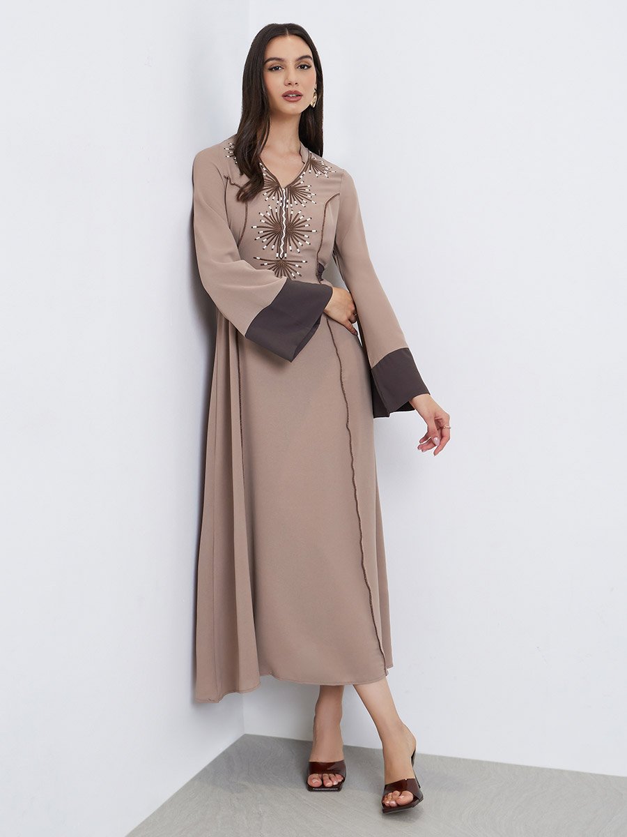 Beige Embroidery Back Tie A-Line Maxi Dress For Women at Saudi | Styli