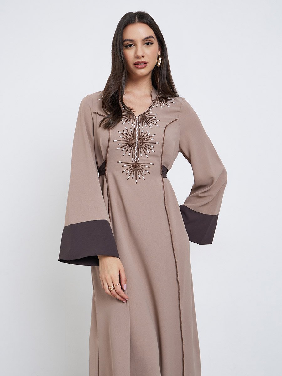 Beige Embroidery Back Tie A-Line Maxi Dress For Women at Saudi | Styli