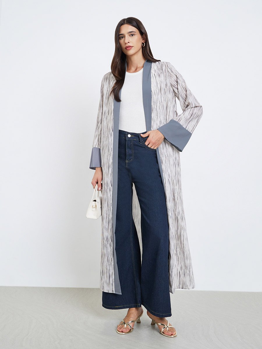 Contrast Trim Printed Kimono with Tie Belt