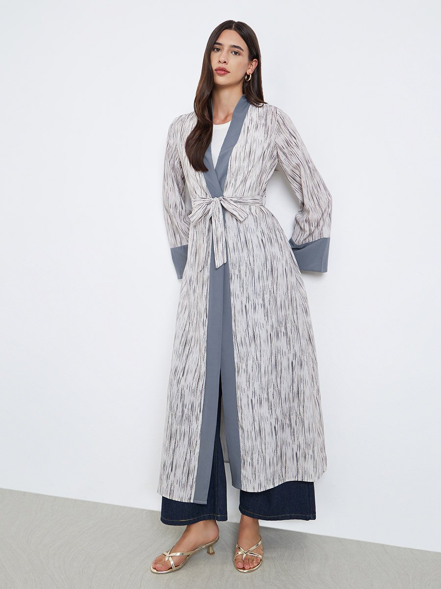Contrast Trim Printed Kimono with Tie Belt