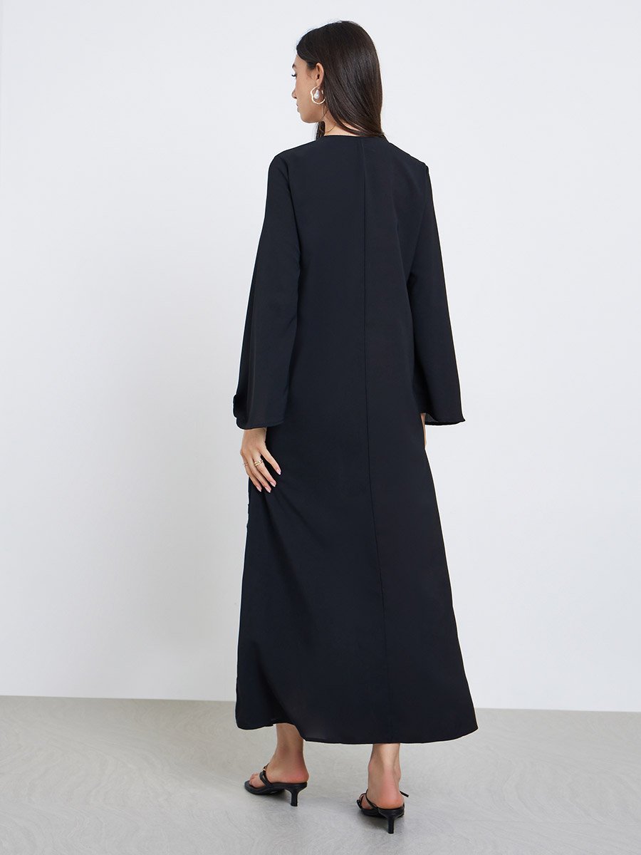 Black Floral Embroidery Jalabiya with Slit Hem