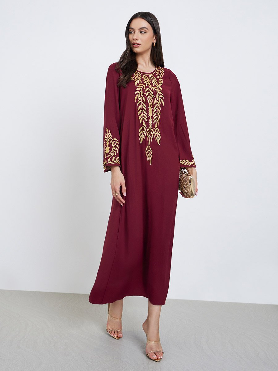 Burgundy Leaf Embroidery Jalabiya