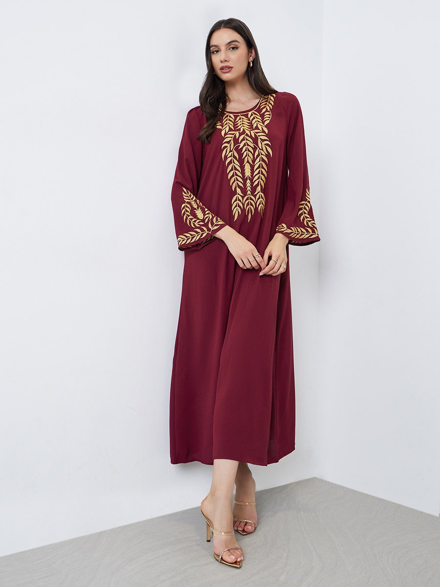 Burgundy Leaf Embroidery Jalabiya