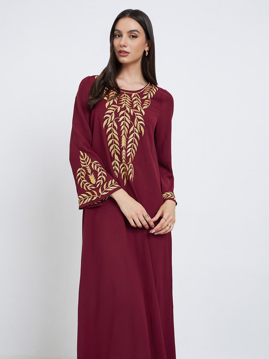Burgundy Leaf Embroidery Jalabiya