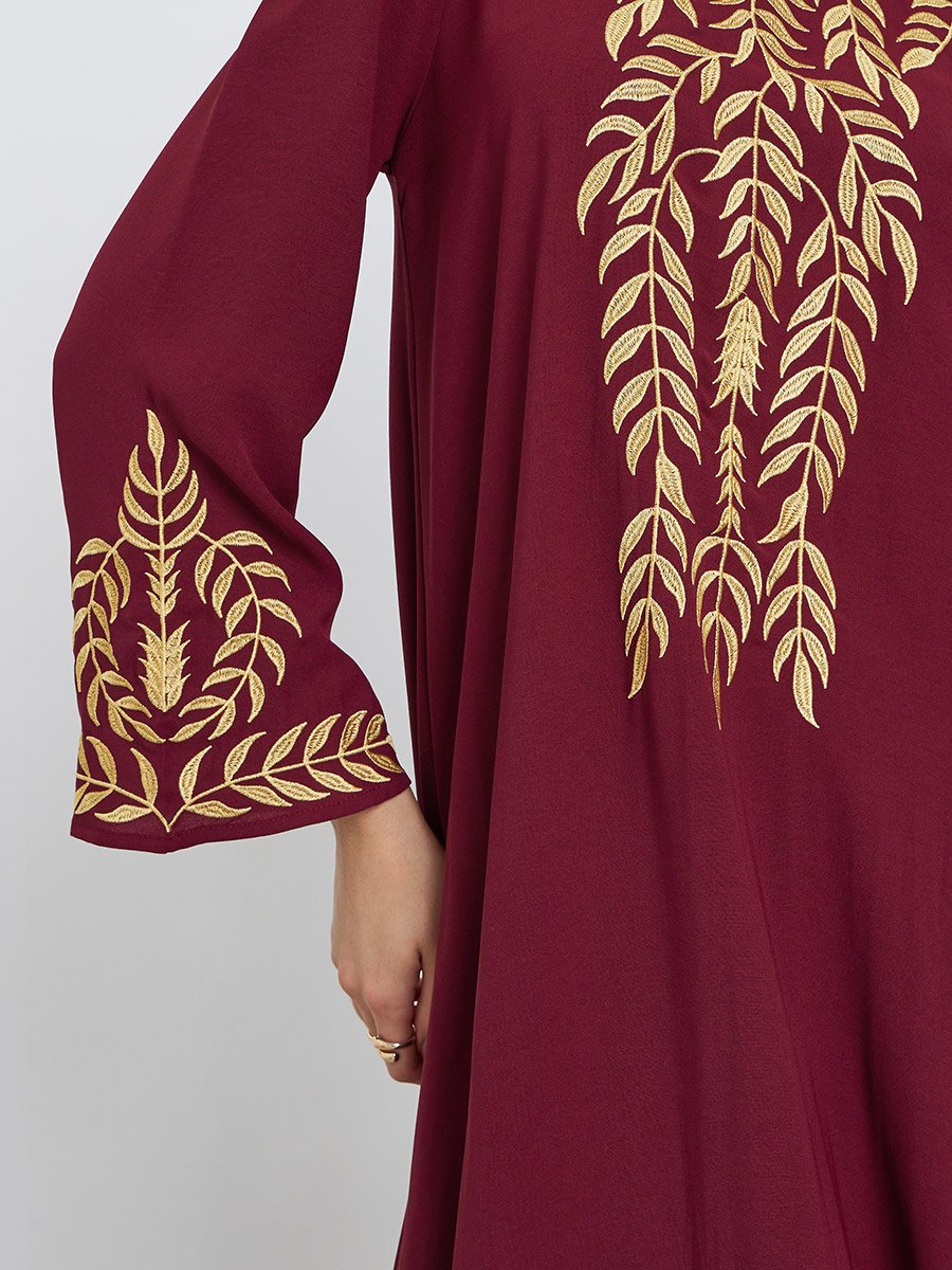 Burgundy Leaf Embroidery Jalabiya