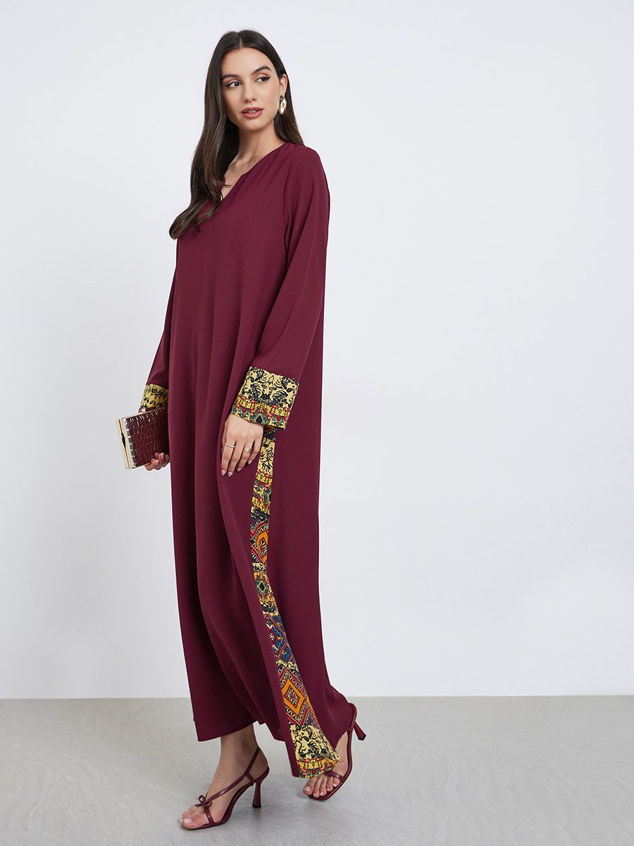 Burgundy Printed Side Panel Jalabiya