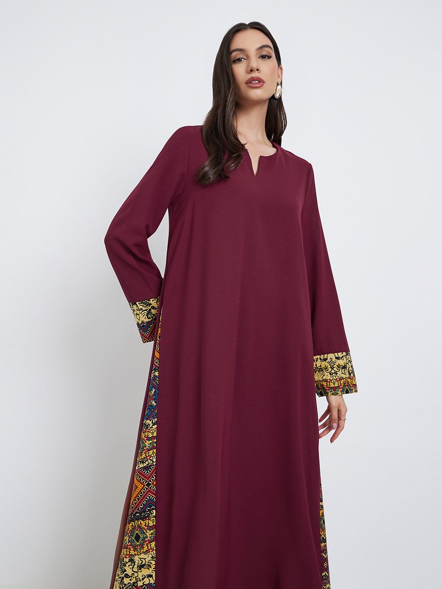 Burgundy Printed Side Panel Jalabiya