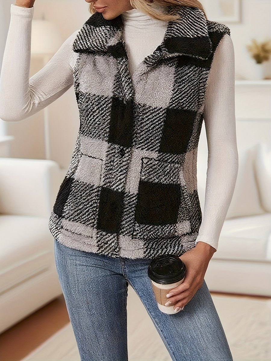 Plaid Fleece Vest with Front Button
