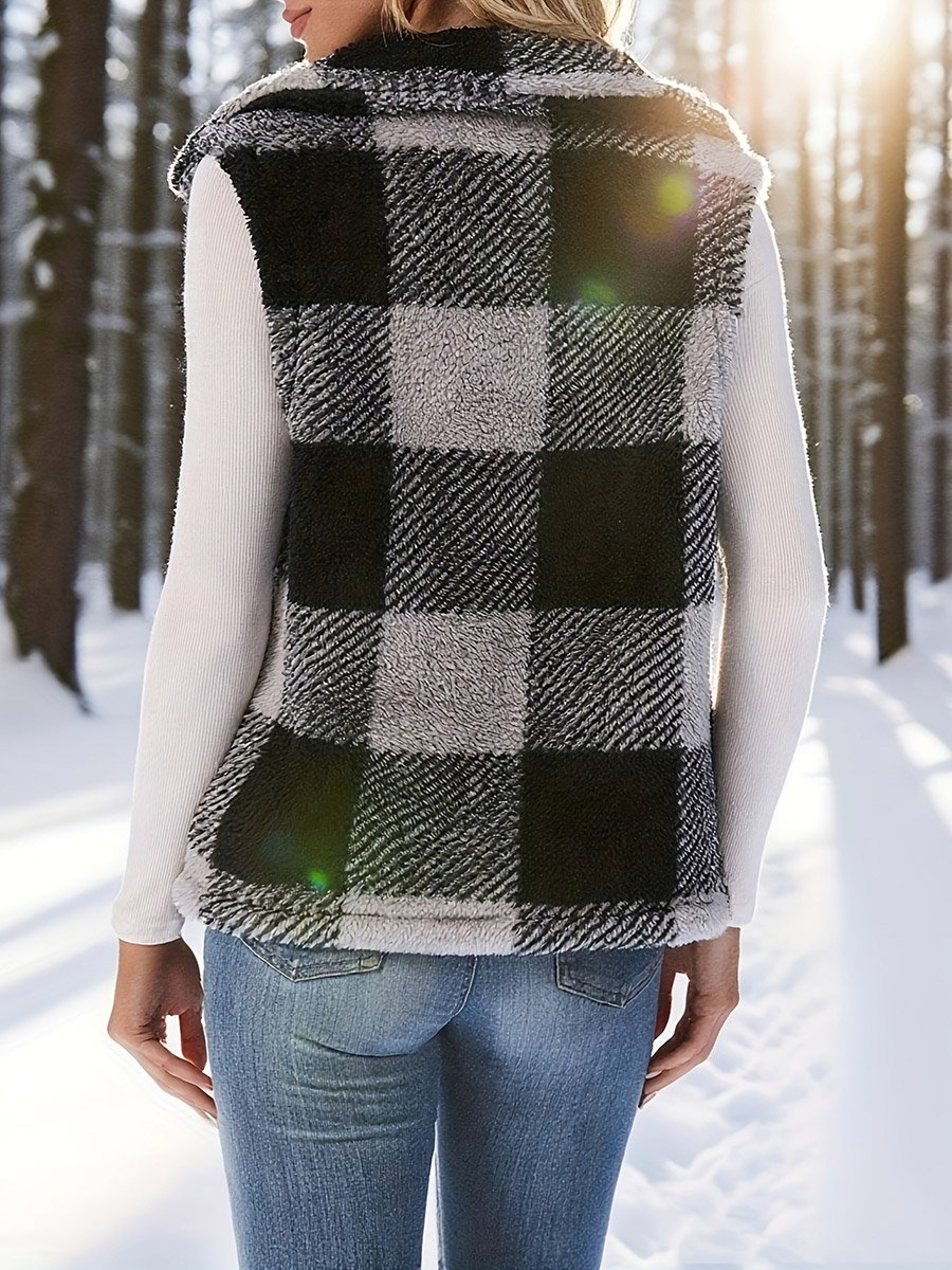 Plaid Fleece Vest with Front Button