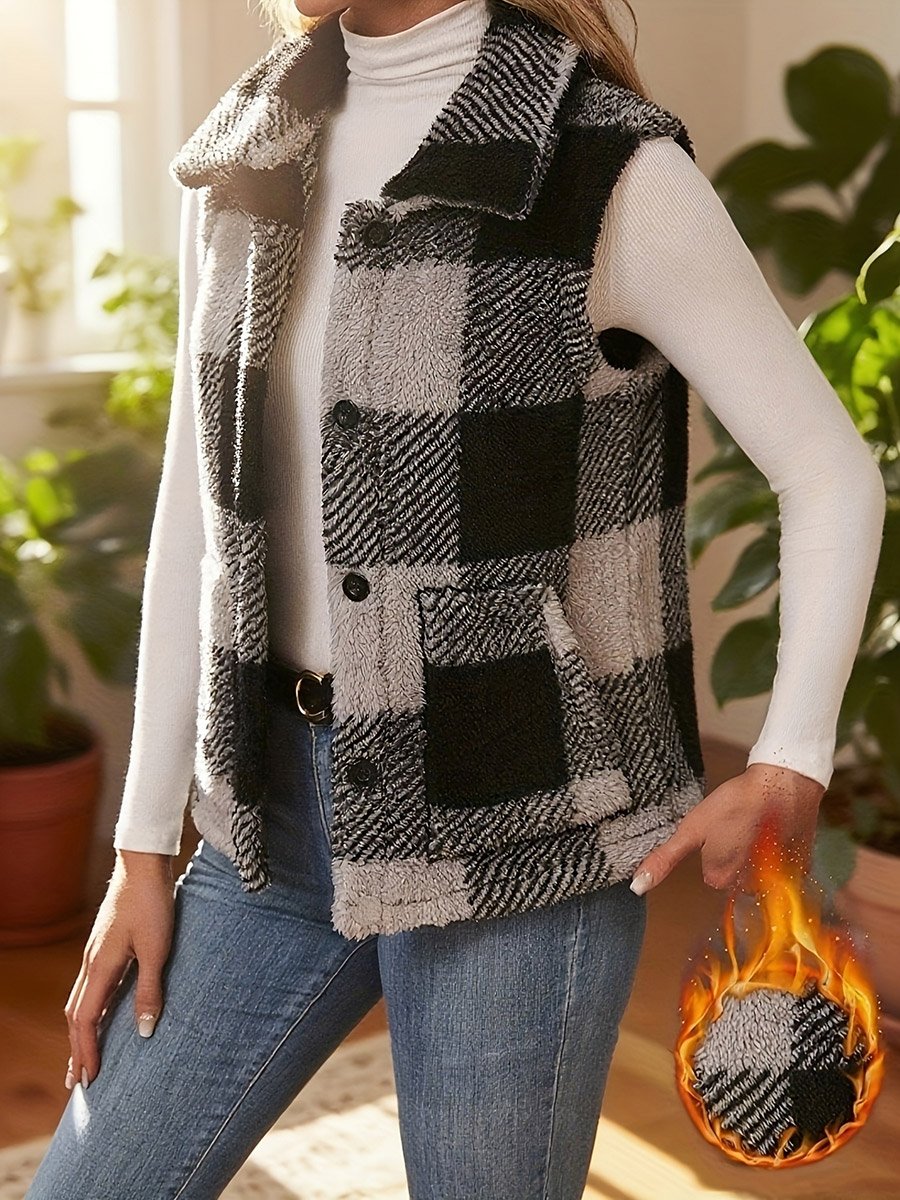 Plaid Fleece Vest with Front Button