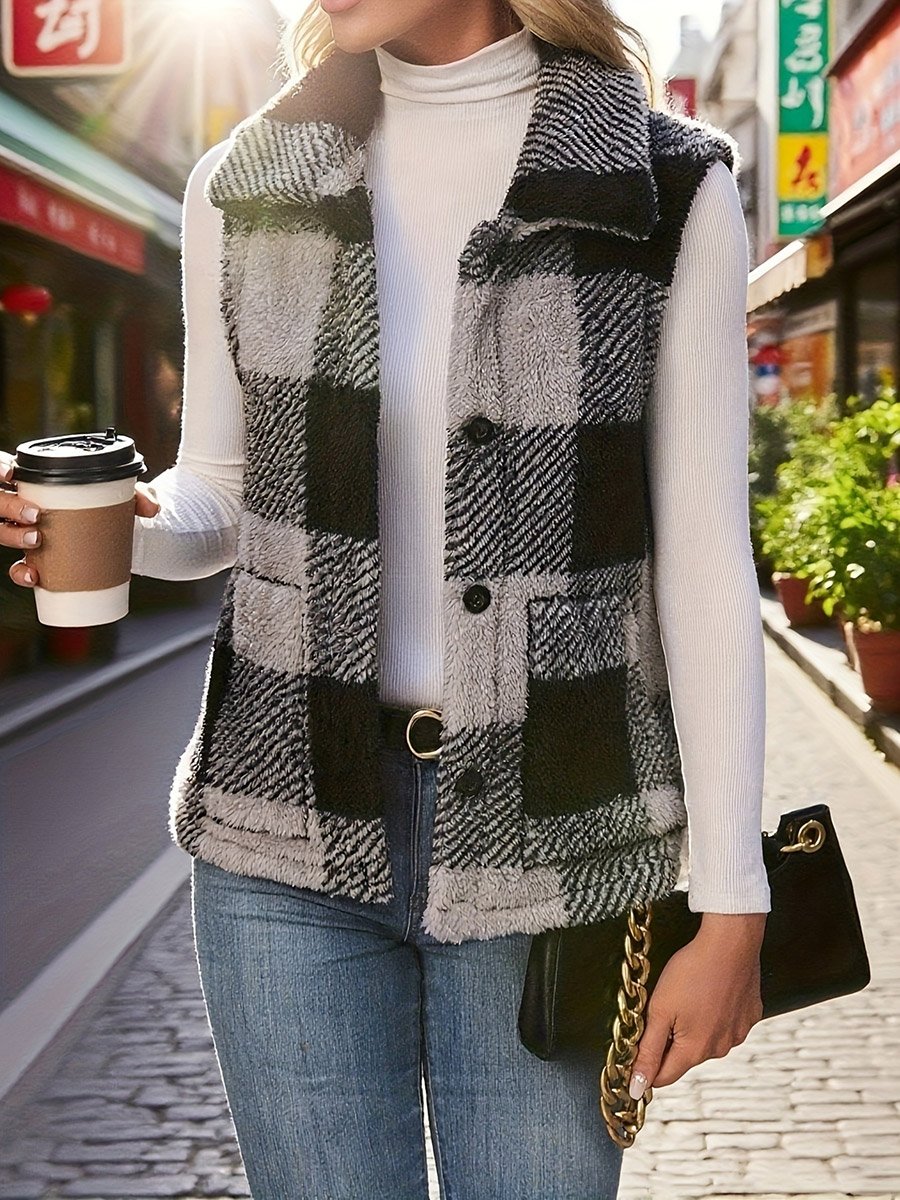 Plaid Fleece Vest with Front Button