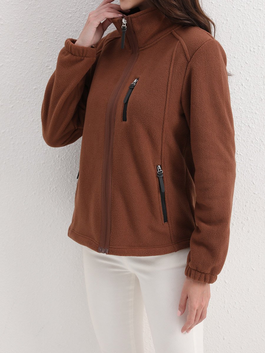 Coffee Brown Fleece Jacket with Zip Pockets
