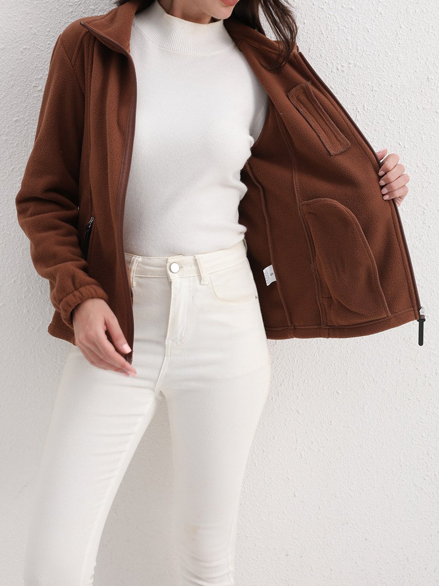 Coffee Brown Fleece Jacket with Zip Pockets