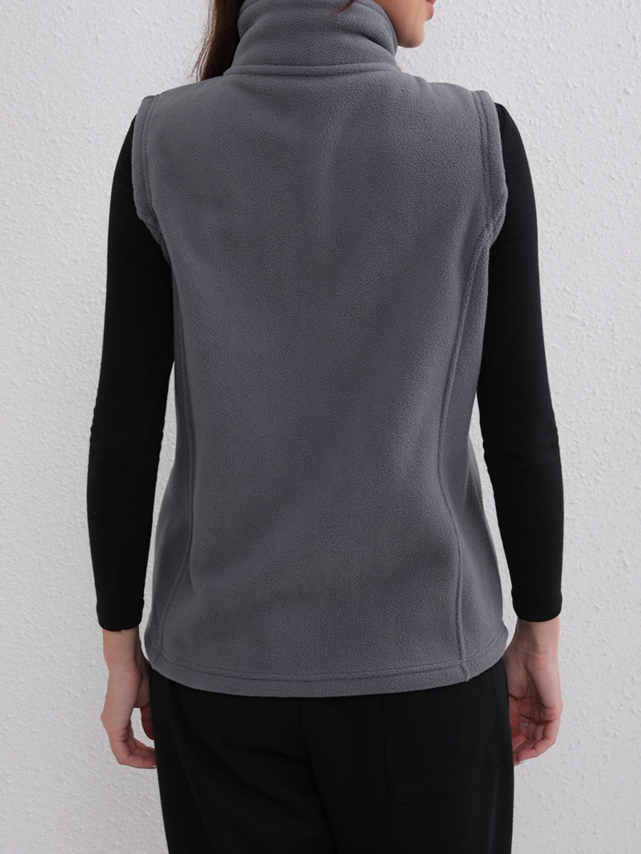 Solid High Neck Pocket Detail Fleece Jacket