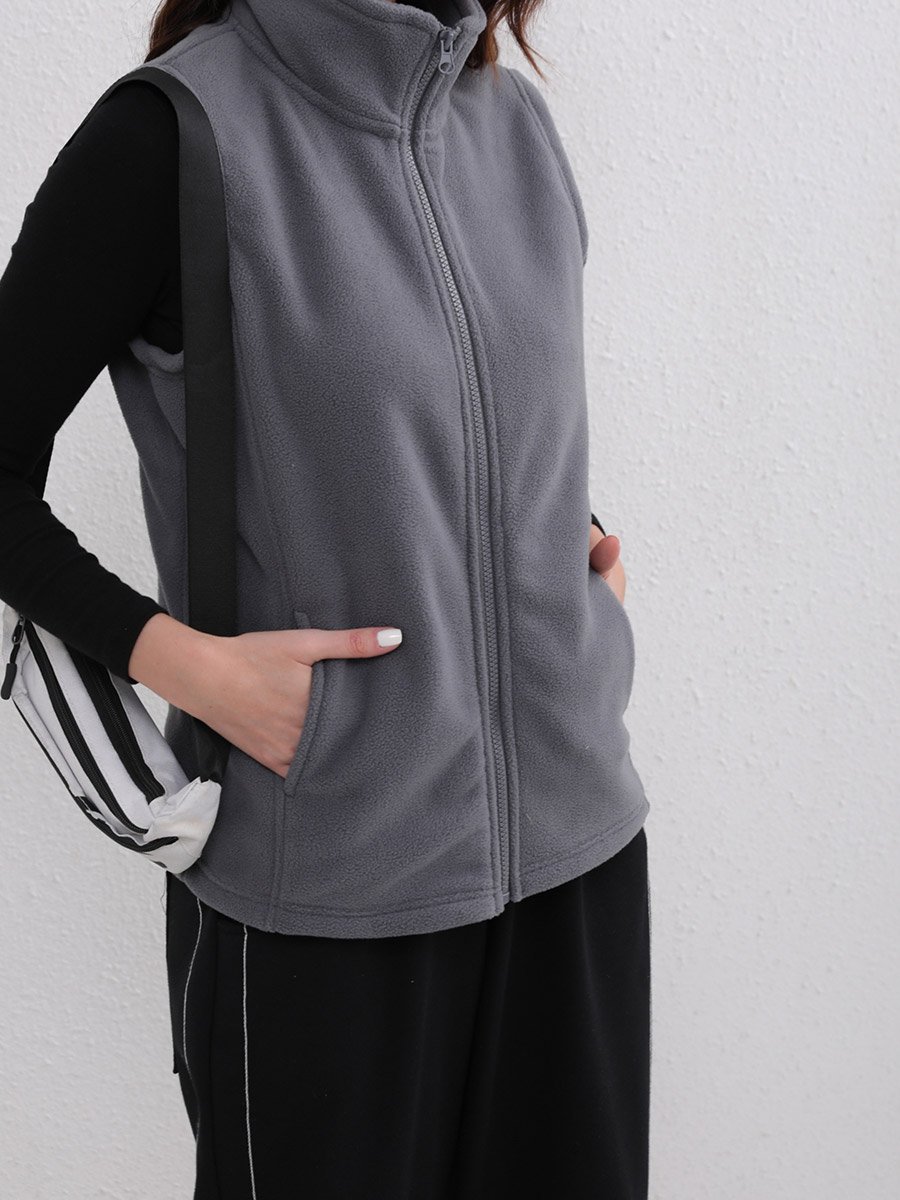 Solid High Neck Pocket Detail Fleece Jacket