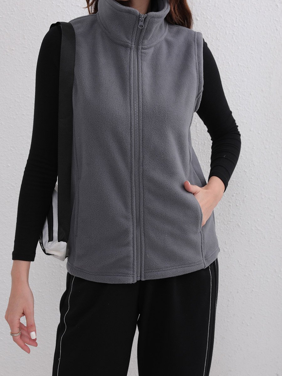 Solid High Neck Pocket Detail Fleece Jacket