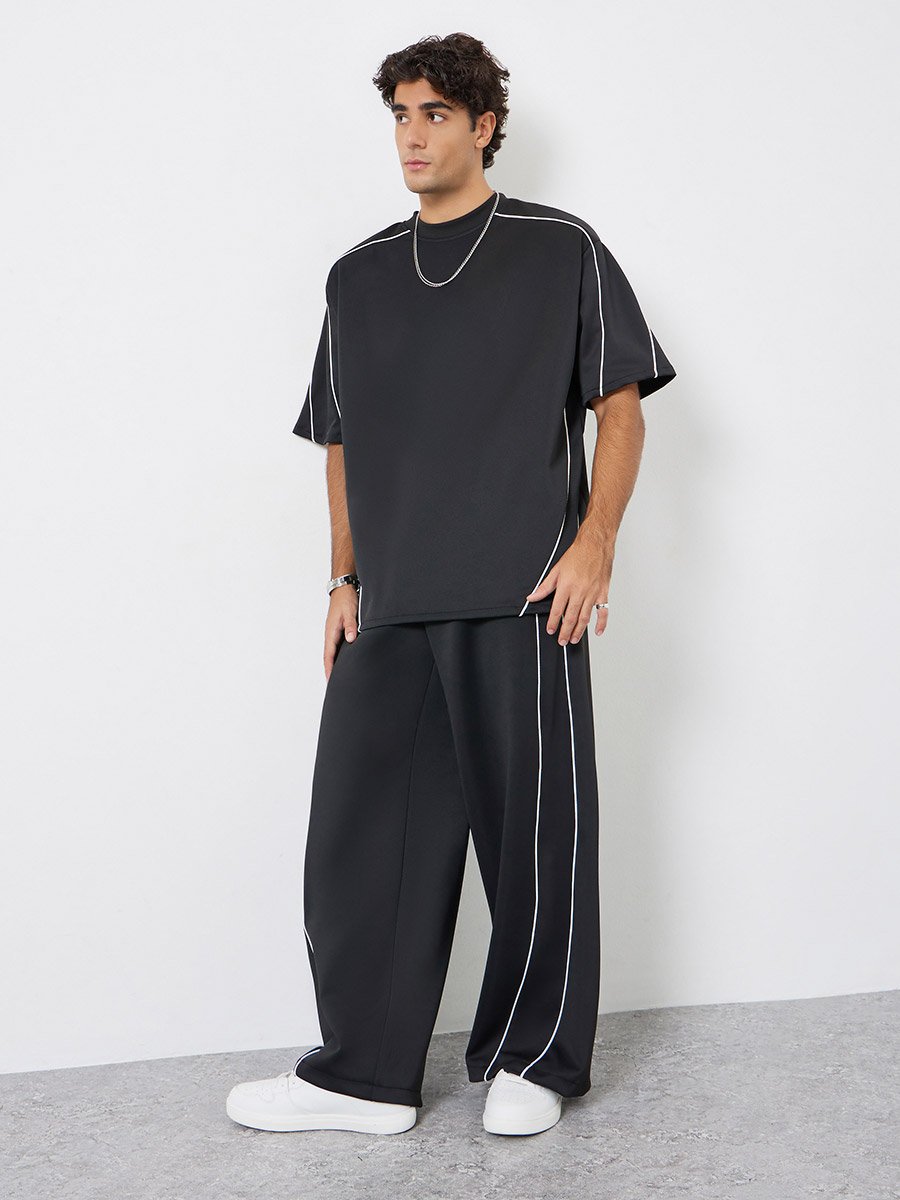 Men Black Oversized Piping Detail T-Shirt and Pants Co-Ords