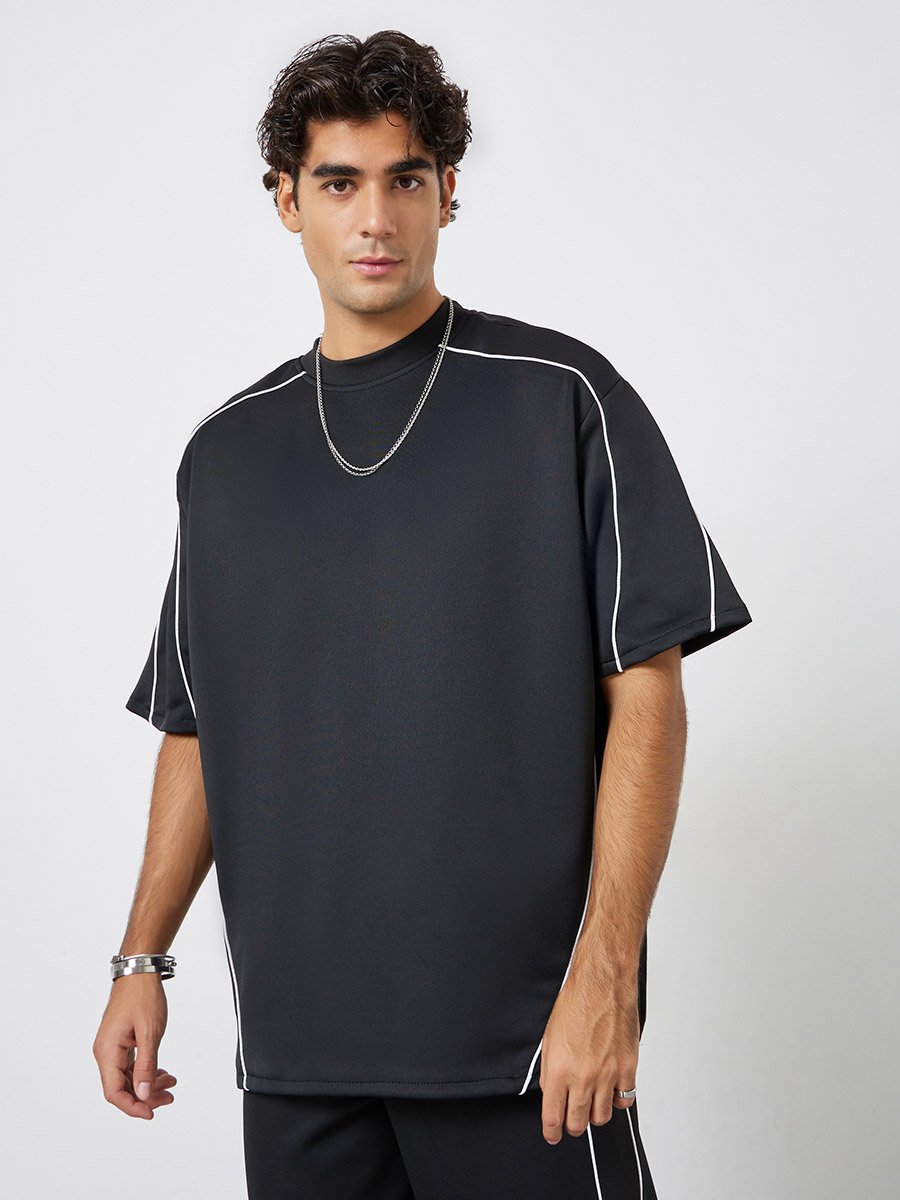 Men Black Oversized Piping Detail T-Shirt and Pants Co-Ords