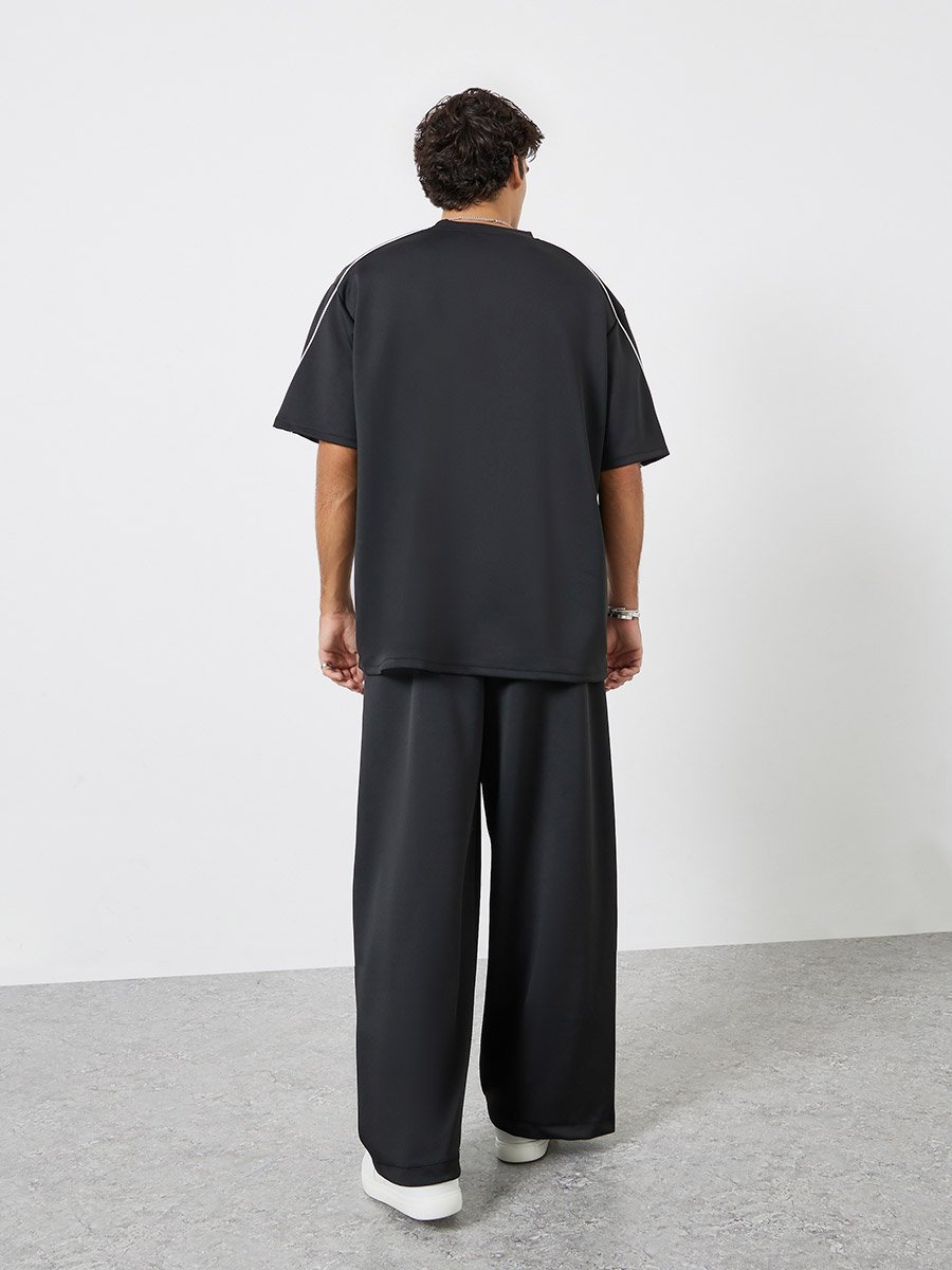 Men Black Oversized Piping Detail T-Shirt and Pants Co-Ords